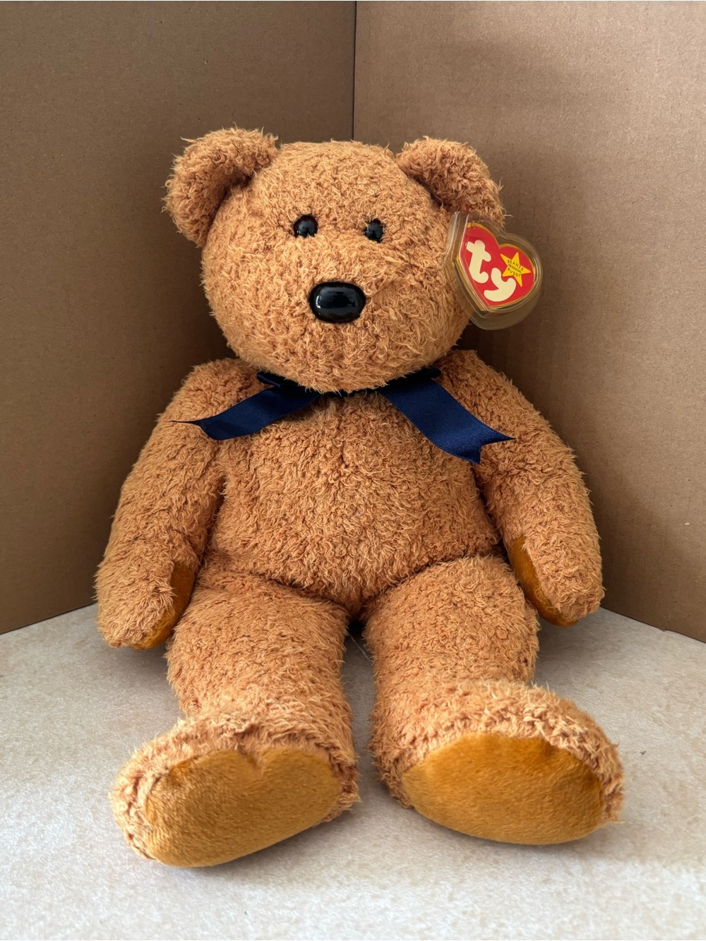 Ty Plush Brown Teddy Bear with Navy Bow